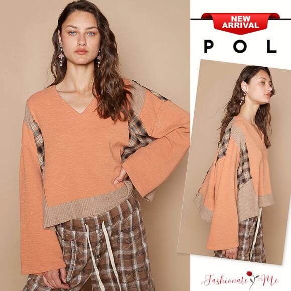 POL Textured Knit Detail V-Neck Long Sleeves Plaid Contrast Top | Dried Papaya - Picture 1 of 5